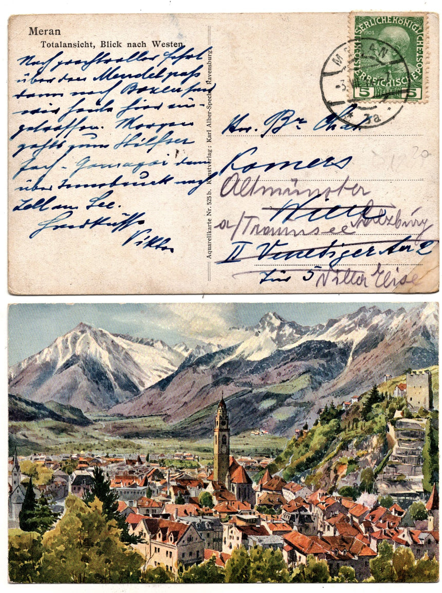 Cartolina antica Merano Totalansiht blick nach westen
