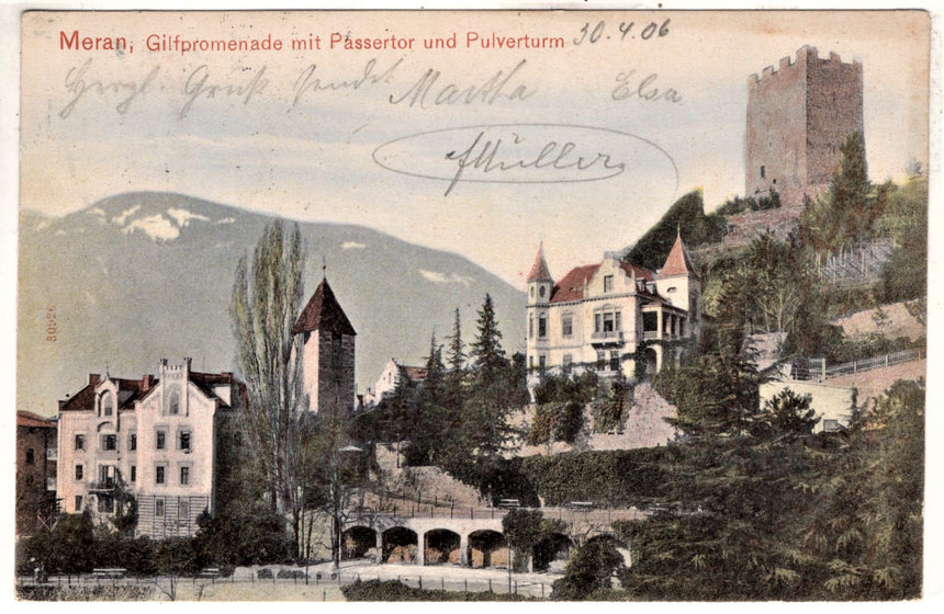 Cartolina antica Merano Gilfpromenade mit Passertor und Pulverturm
