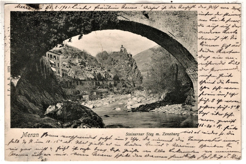 Cartolina antica Merano Steinerner Steg mit Zenoburg