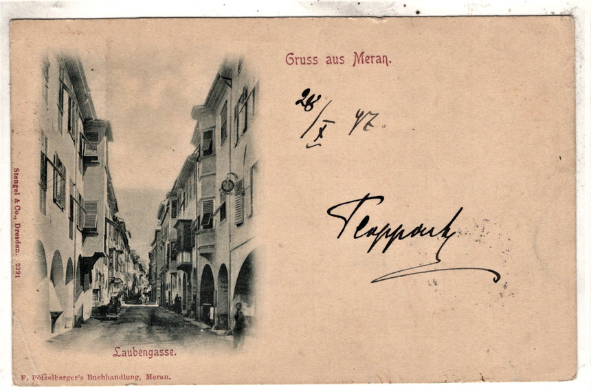 Cartolina antica Merano Gruss aus Meran Laubengasse