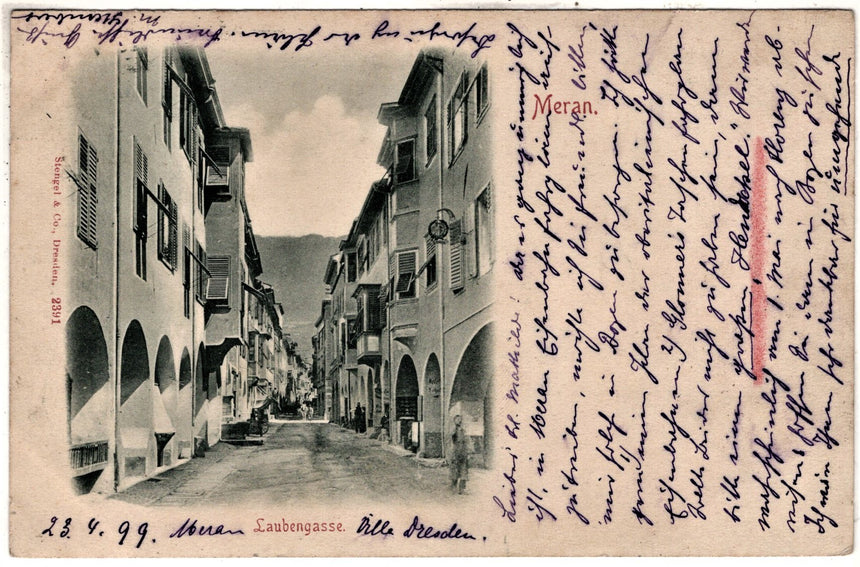Cartolina antica Merano Gruss aus Meran Laubengasse