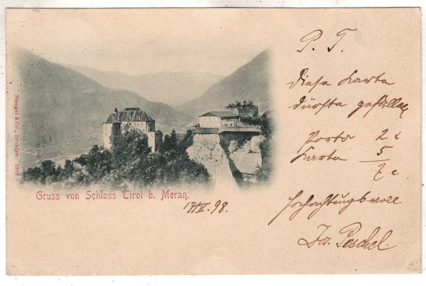 Cartolina antica Merano Gruss vom schloss Tirol bei Meran