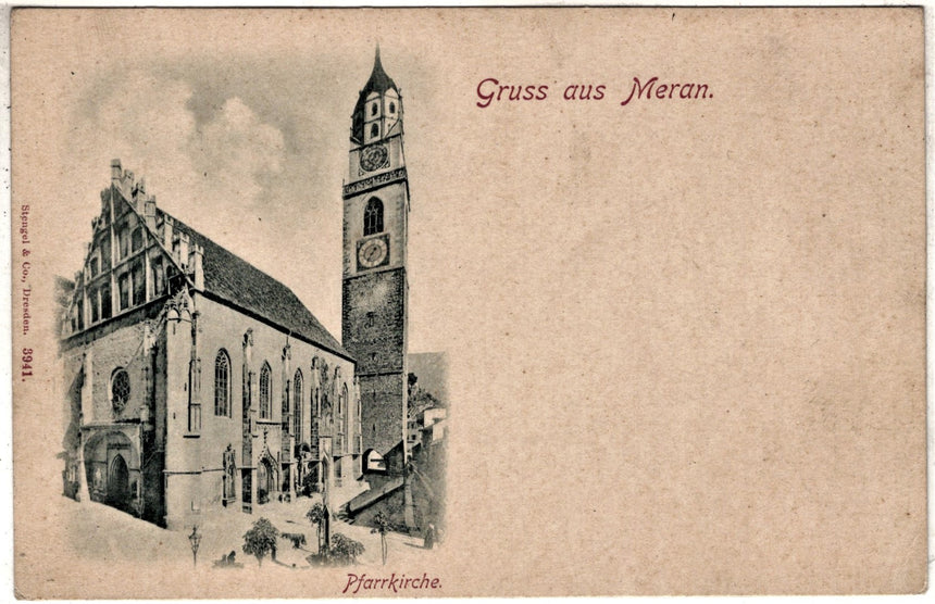 Cartolina antica Merano Gruss aus Meran Pfarrkirche