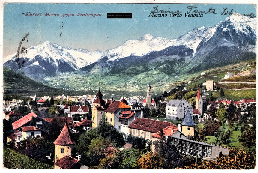 Cartolina antica Merano verso Venosta Merano -Trento