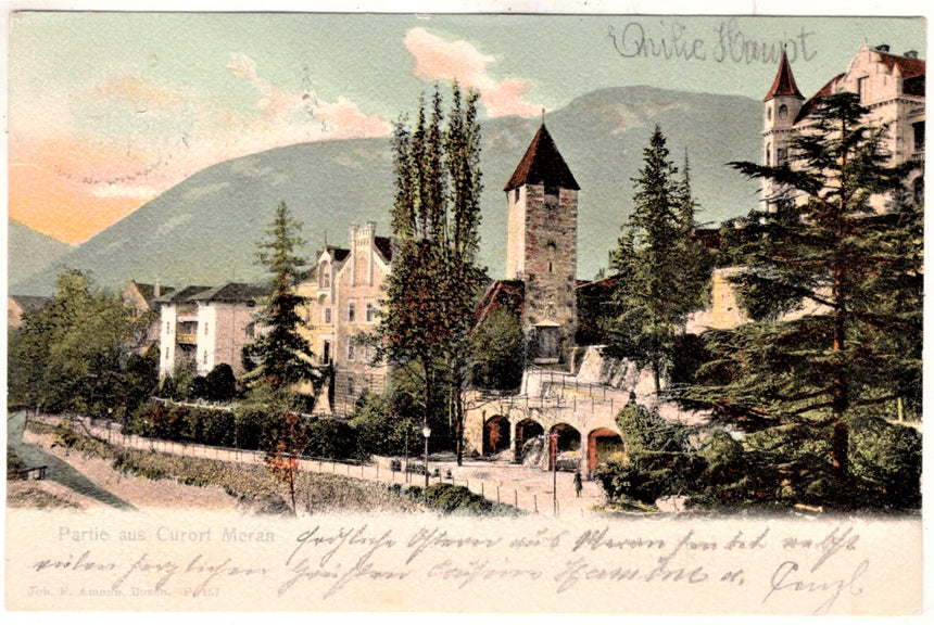 Cartolina antica Merano partie aus curort Meran