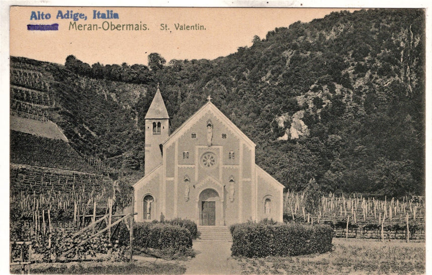 Cartolina antica Merano Obermais chiesa San Valentin