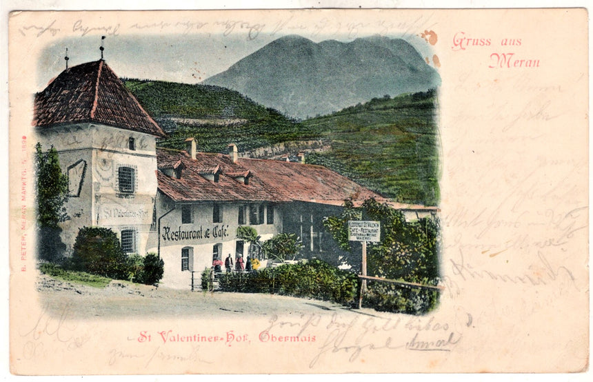 Cartolina antica Merano Gruss aus Meran St.Valentiner Hof Obermais