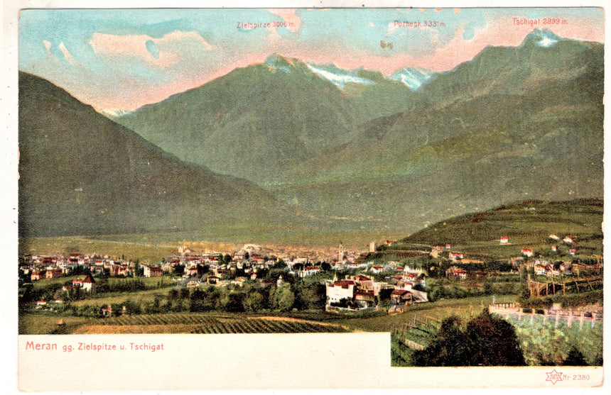 Cartolina antica Merano panorama con pubblicità