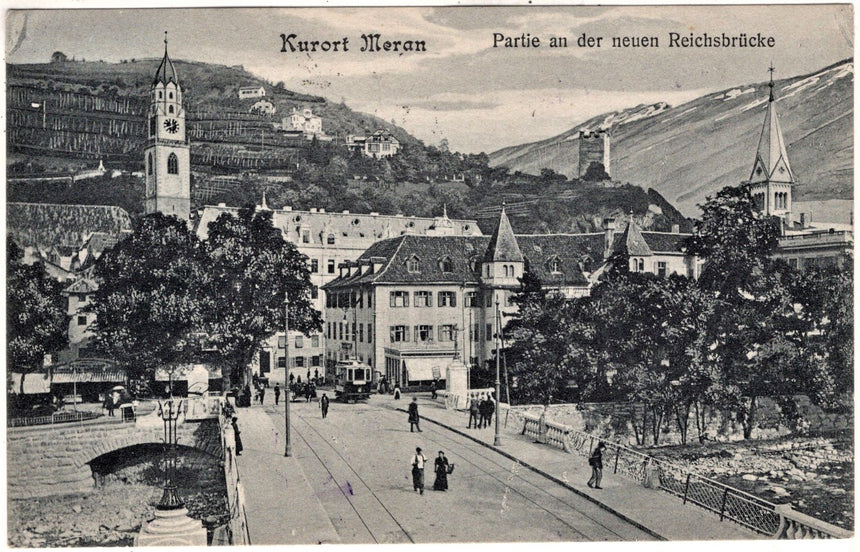 Cartolina antica Merano partie an der neuen Reishsbruck Meran