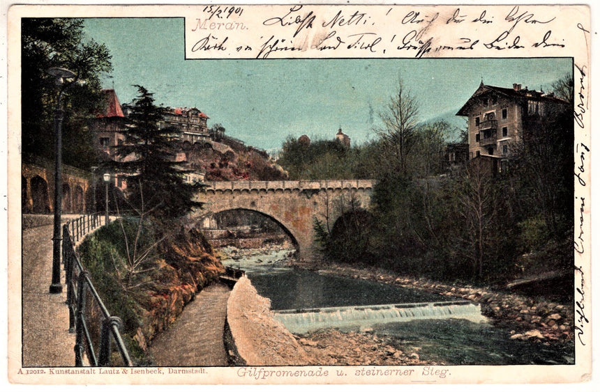 Cartolina antica Merano Gilfpromenade und Steinerner Steg Meran
