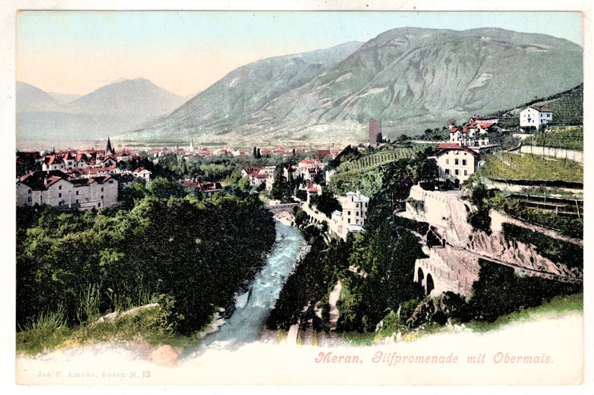 Cartolina antica Merano Gilfpromenade mit Obermais bei Meran