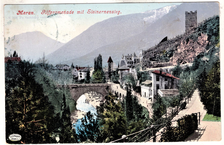 Cartolina antica Merano Gilfpromenade mit Steinernensteg Meran