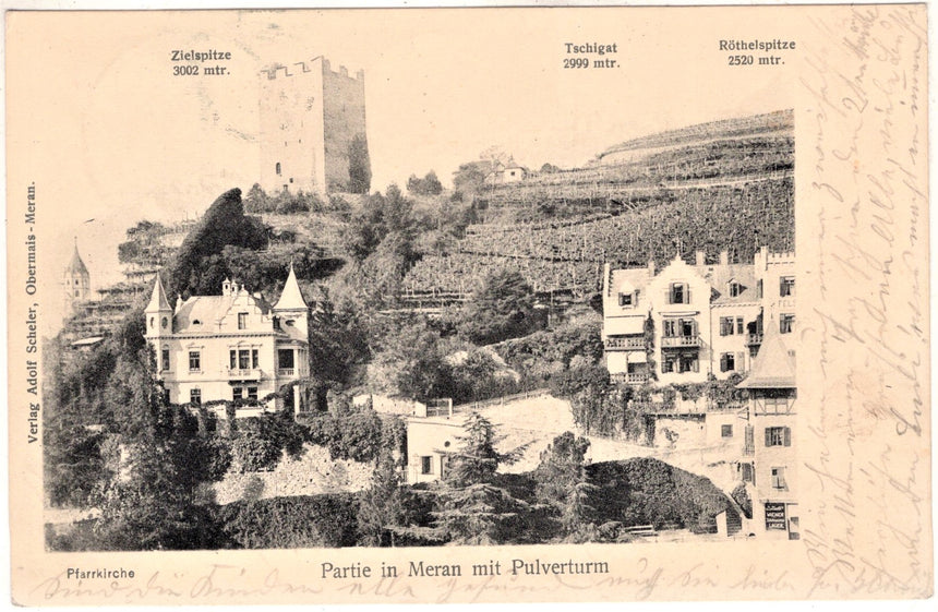 Cartolina antica Merano partie in Meran mit Pulverturm