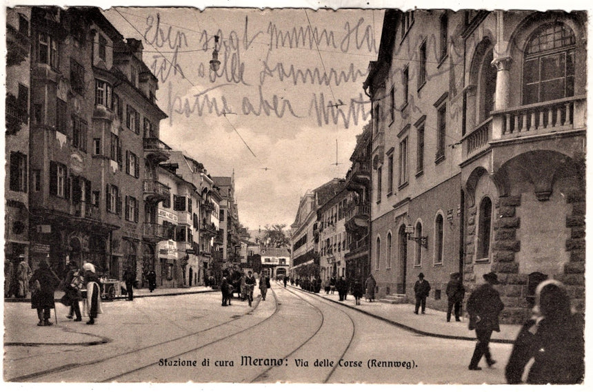 Cartolina antica Merano via delle corse Alto Adige Italia Meran-Trento
