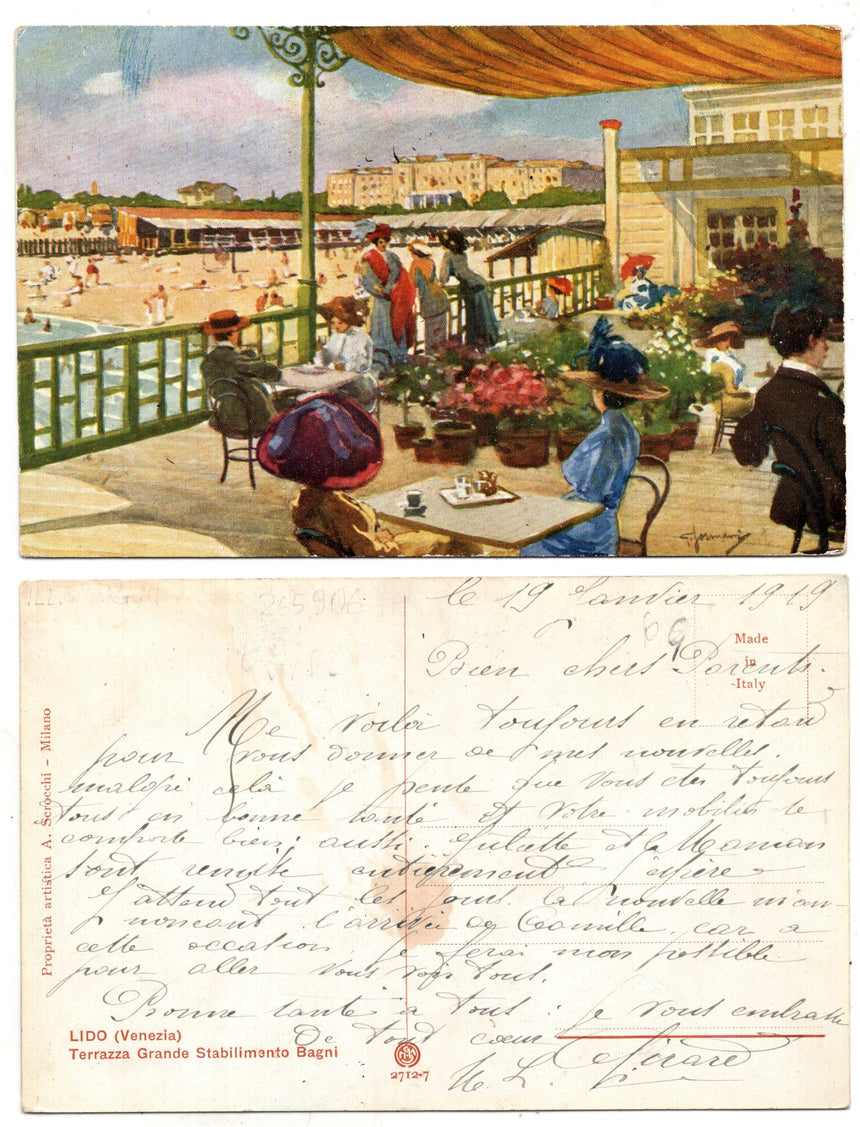 Cartolina antica Venezia Lido terrazza stabilimento Bagni scritta viag.in busta