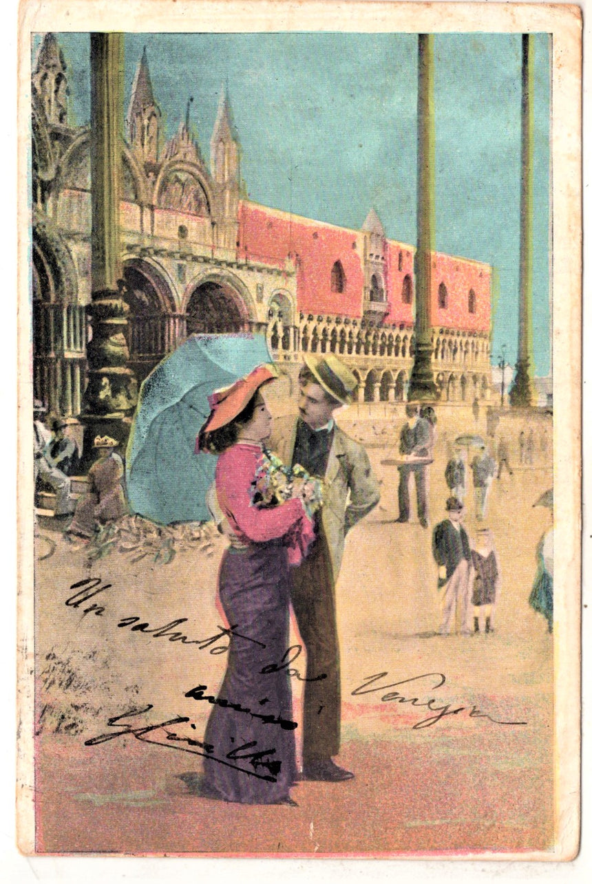 Cartolina antica Venezia innamorati a San Marco spedita da Genova