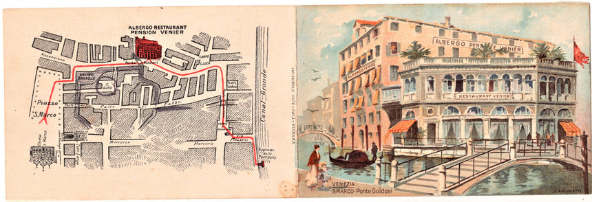 Cartolina antica Cartolina doppia pubblicità Hotel Pension Venier
