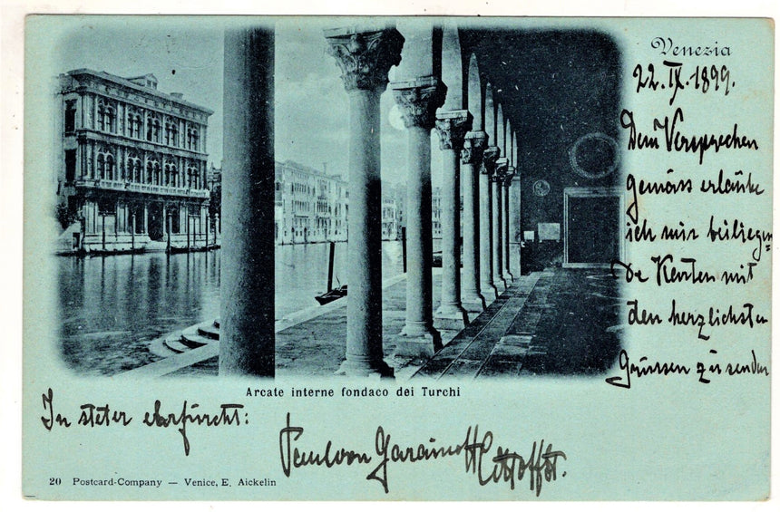Cartolina antica Venezia Arcate interne fondaco dei Turchi per Wien