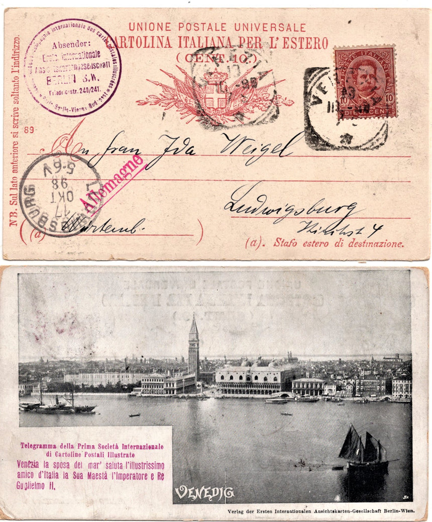 Cartolina antica Venezia telegramma della prima Soc.Inter.di cartoline postali