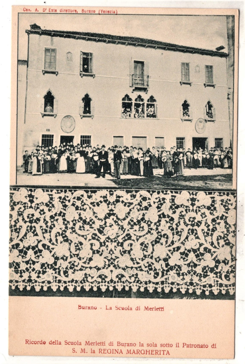 Cartolina antica Venezia Burano la scuola di merletti
