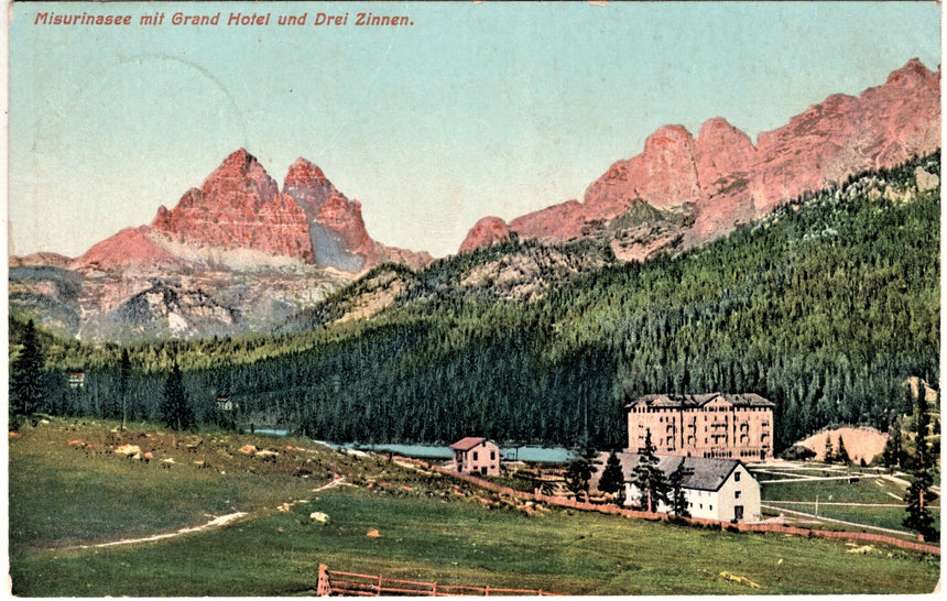 Cartolina antica Cortina Misurinasee mit Grand Hotel und drei Zinnen
