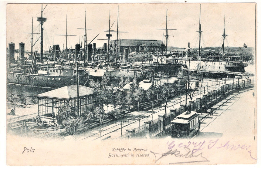 Cartolina antica Pola bastimenti in riserva Istria Croazia