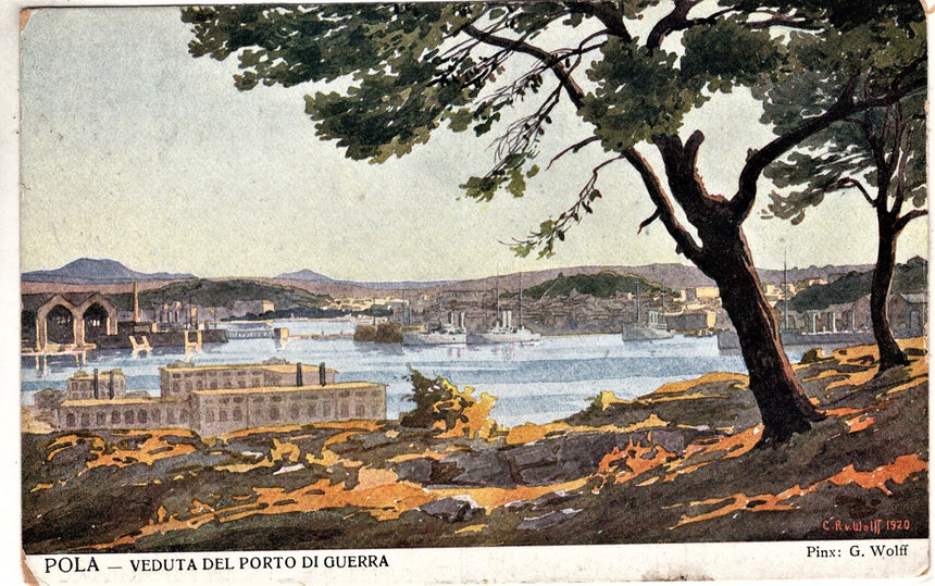 Cartolina antica Pola Croazia veduta del porto di guerra spedita in Francia