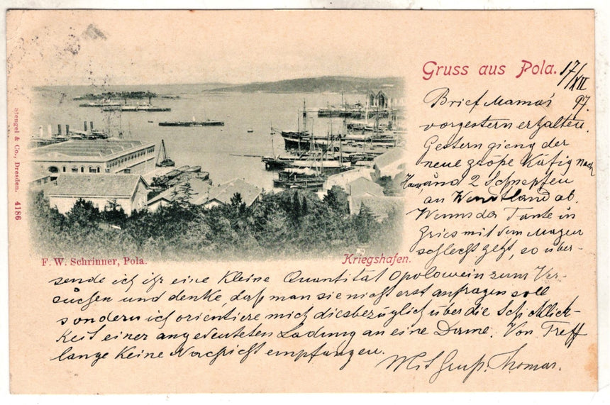 Cartolina antica Pola Gruss Kriegshafen porto di guerra