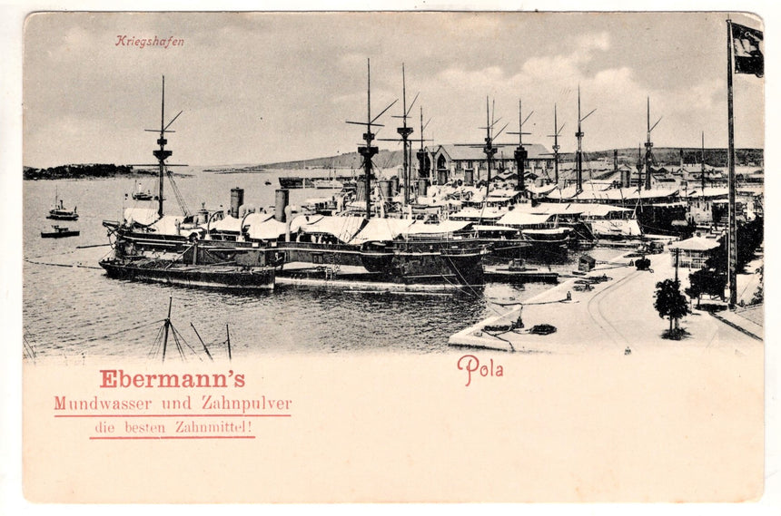 Cartolina antica Pola Kriegshafen navi nel porto di guerra