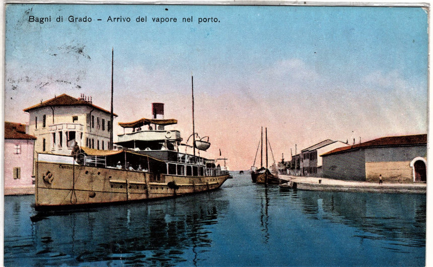 Cartolina antica Grado arrivo del vapore nel porto Croazia