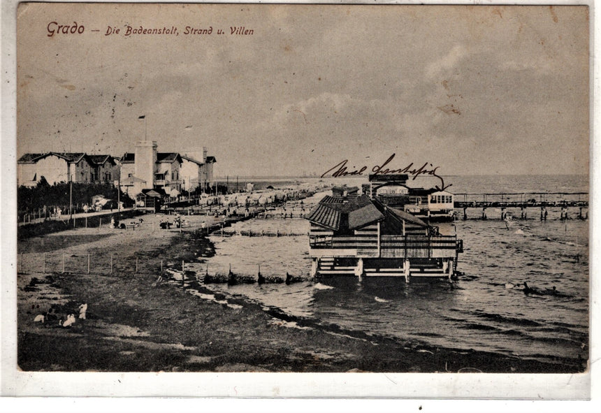 Cartolina antica Grado die Badeanstalt Strand und Ville Croazia