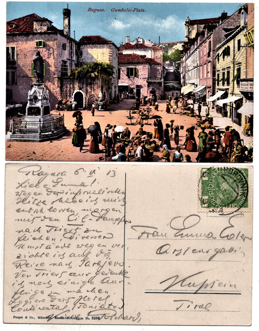 Cartolina antica Ragusa la piazza Gundulic Croazia