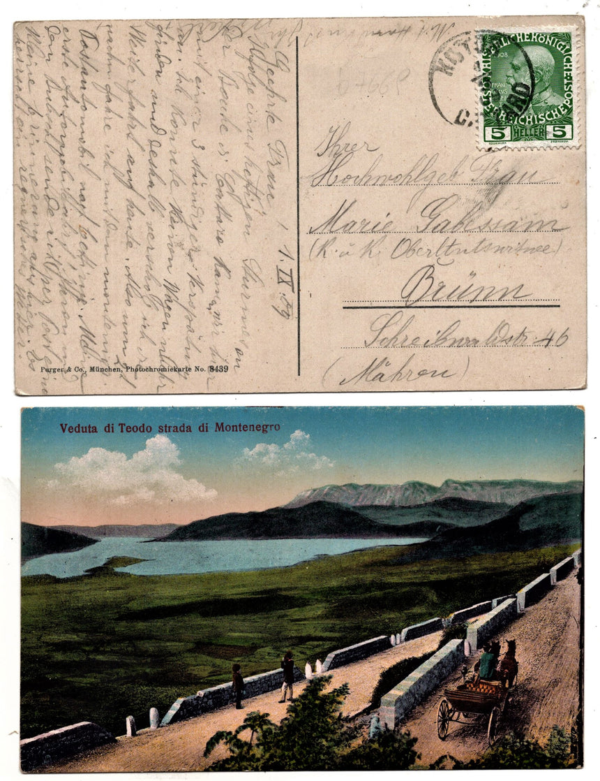 Cartolina antica Kotor Teodo strada per Montenegro Croazia