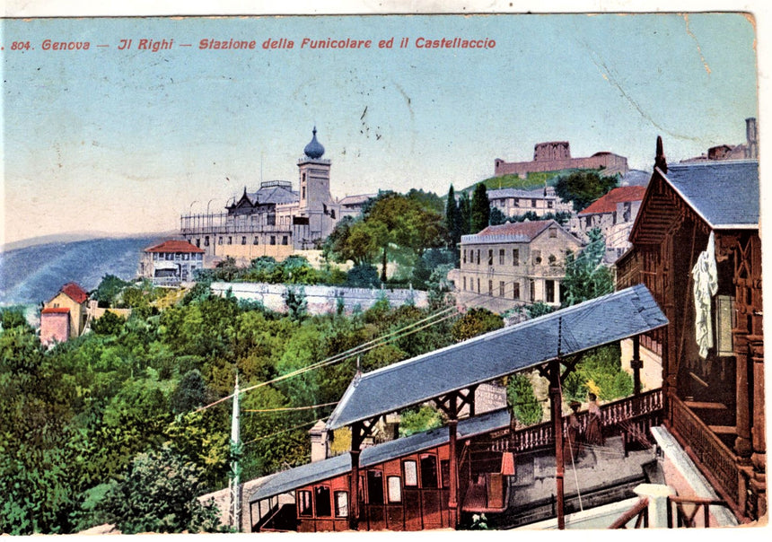 Cartolina antica Genova il Righi stazione funicolare e Castellaccio