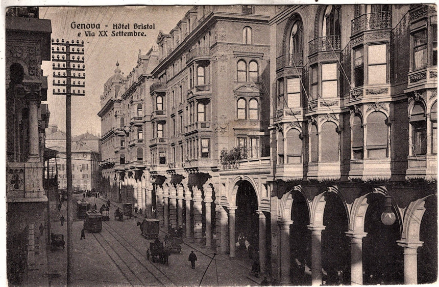 Cartolina antica Genova via XX settembre Hotel Bristol