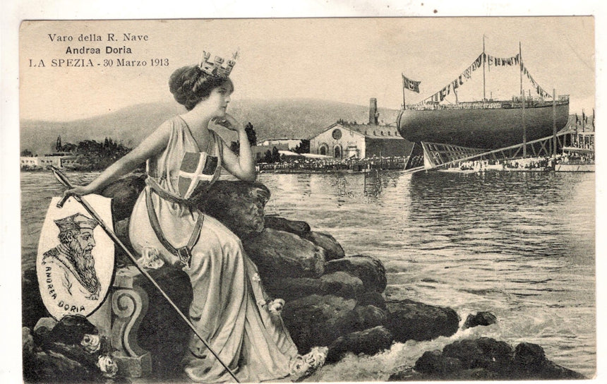Cartolina antica La Spezia varo della nave Andrea Doria