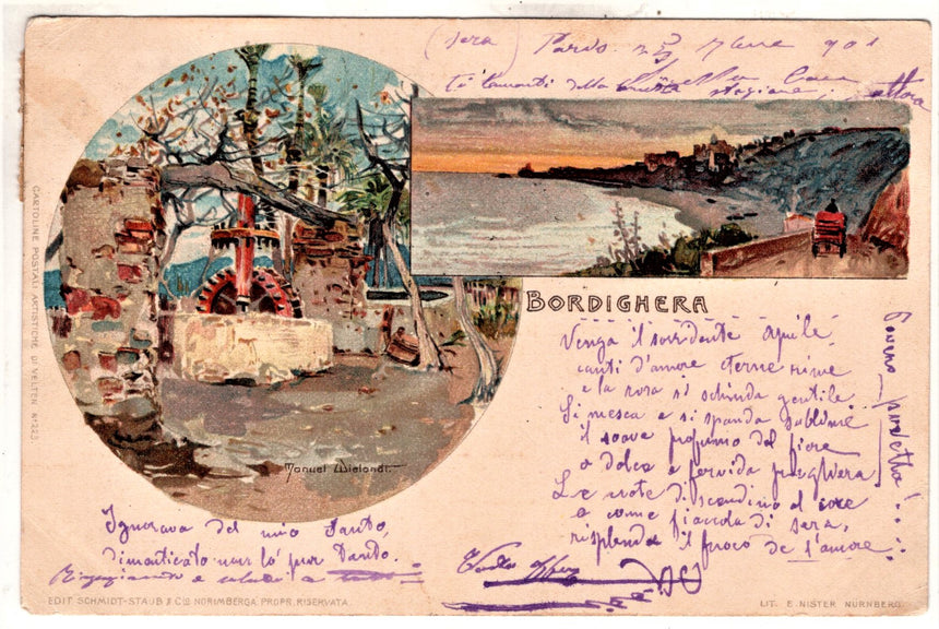 Cartolina antica Bordighera dalla Francia a Piacenza