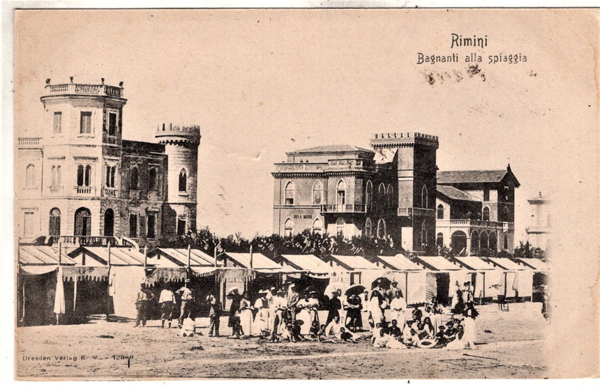 Cartolina antica Rimini bagnanti alla spiaggia sped. a Le Vesinet