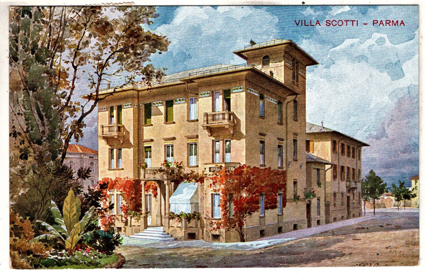 Cartolina antica Parma villa Scotti sped. alla pelliceria Bolzano