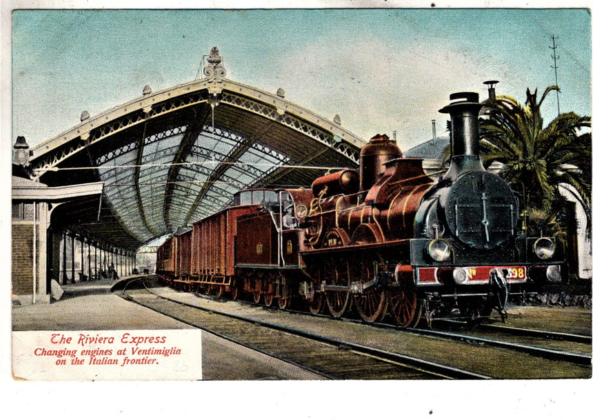 Cartolina antica Ventimiglia The Riviera Express treno in stazione