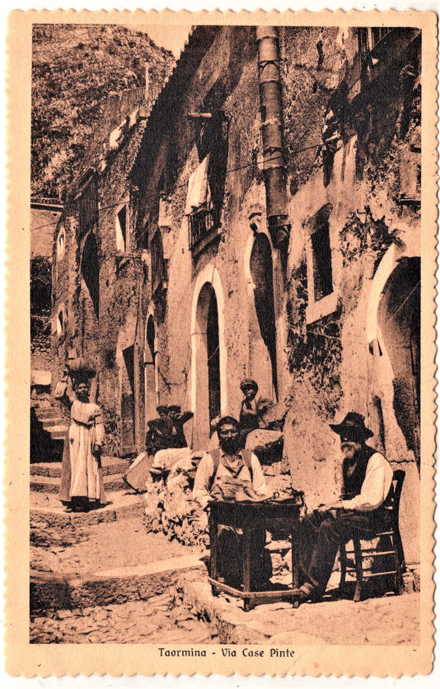 Cartolina antica Taormina via case Pinte l Etna pitt. Polesello