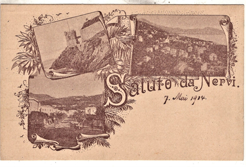 Cartolina antica Nervi saluti scritta in tedesco nel 1914 viag. In busta