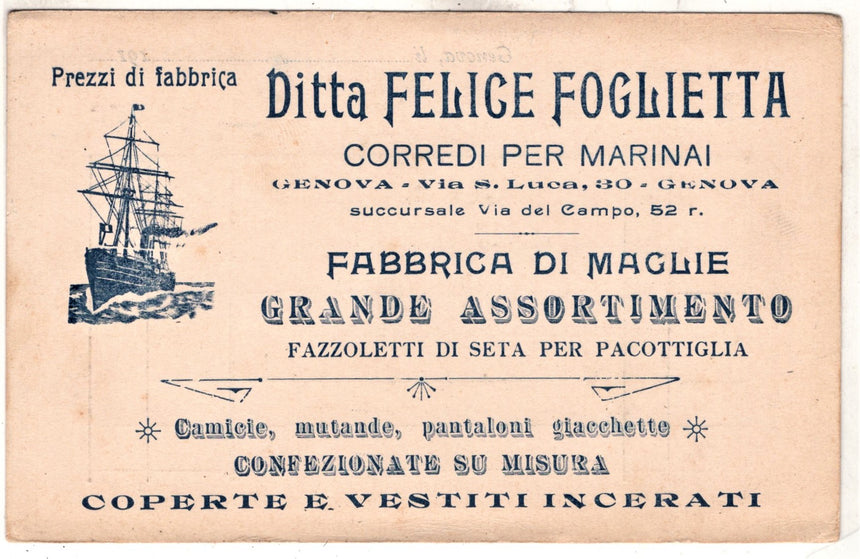 Cartolina antica Genova corredi per marinai ditta F.Foglietta