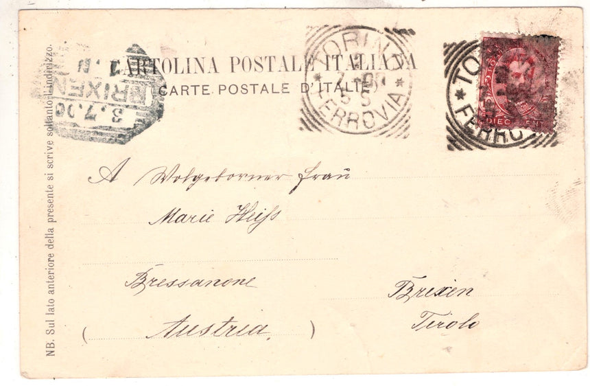 Cartolina antica Torino stazione e corso V.Emanuele sped. A Brixen