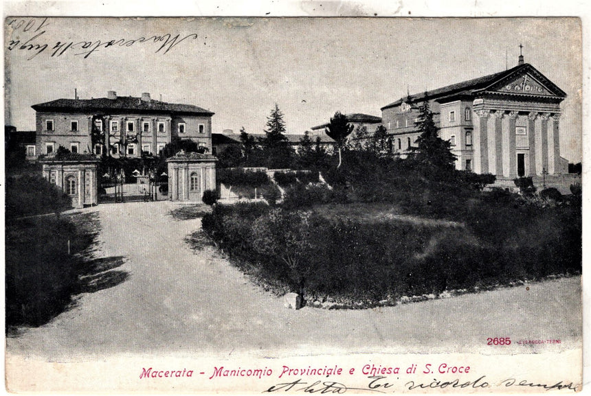 Cartolina antica Macerata manicomio provinciale e chiesa Santa Croce