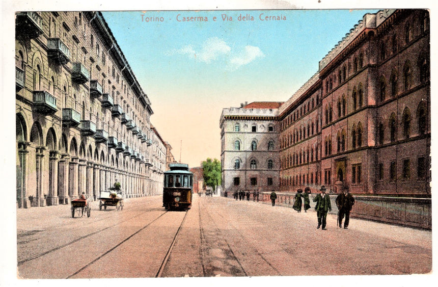 Cartolina antica Torino caserma e via della Cernaia sped. a Paris