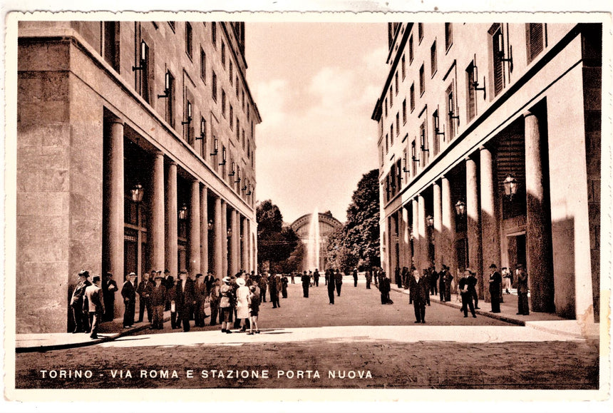 Cartolina antica Torino via Roma e stazione porta nuova