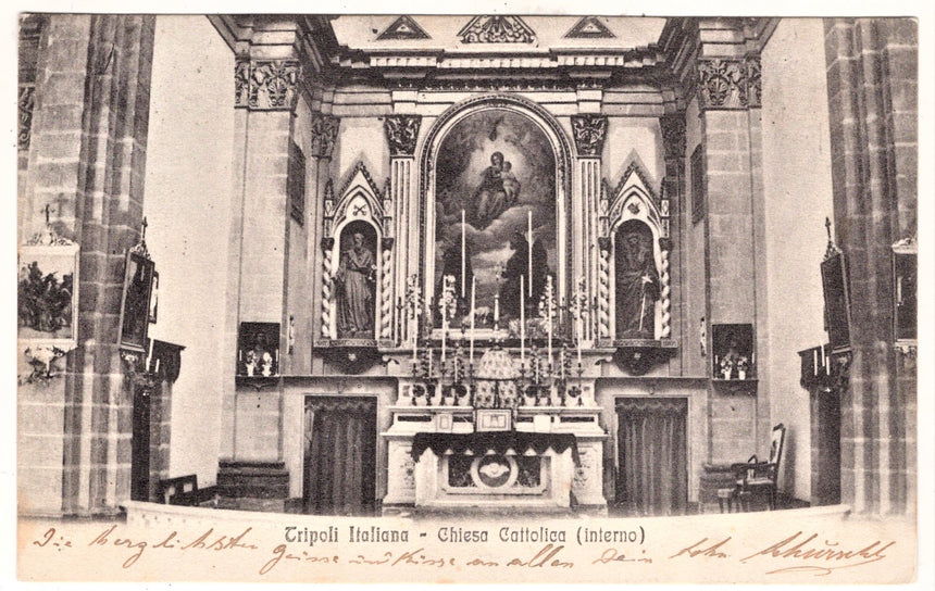Cartolina antica Tripoli Italiana chiesa timbro Ala-Kufstein sped. A Vienna da Calliano