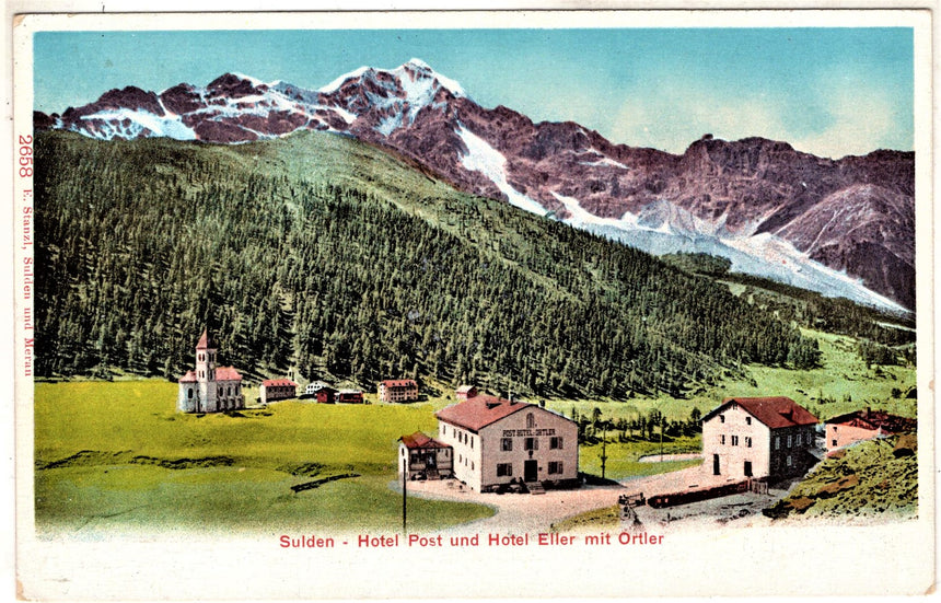 Cartolina antica Sulden Hotel Post und Hotel Eller mit Ortler