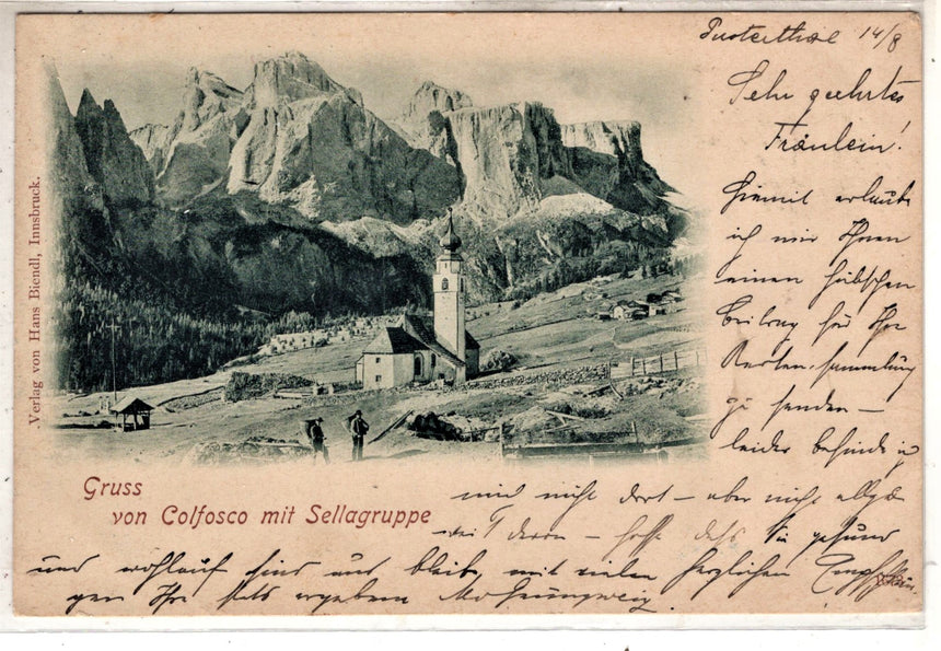 Cartolina antica Sudtirol Gruss von Colfosco mit Sellagruppe